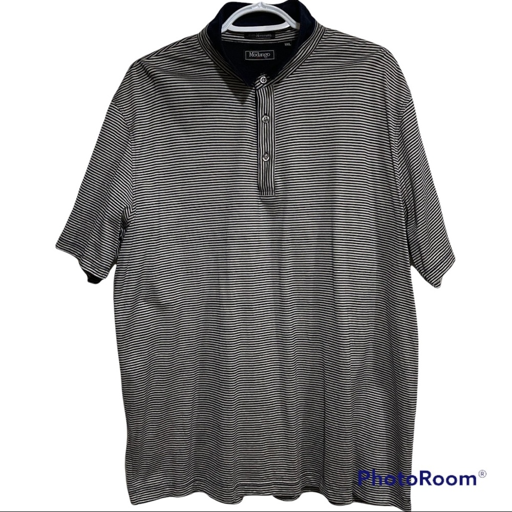 Modango 2XL Polo Shirt Blue & White Striped Golf Shirt 100% Cotton